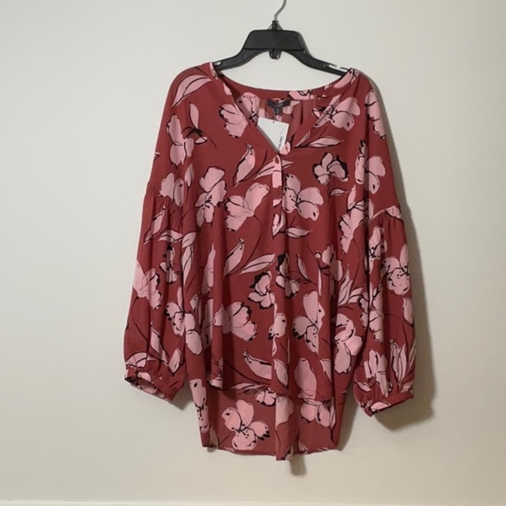 NYDJ Red Long Sleeve Tie Front Blouse